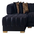 Black Velvet U Shaped Three Piece Sofa and Chaise Sectional With Toss Pillows