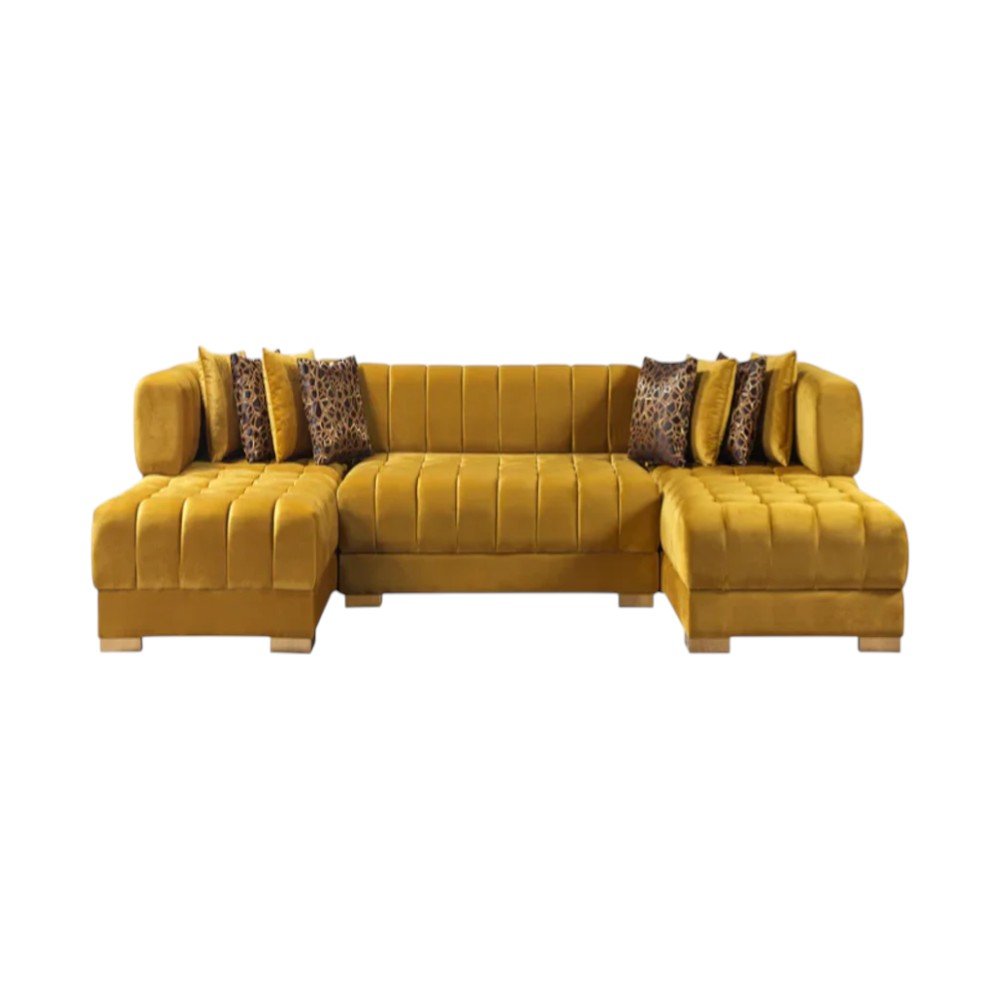Mustard Velvet U Shaped Three Piece Sofa and Chaise Sectional With Toss Pillows