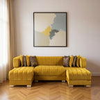 Mustard Velvet U Shaped Three Piece Sofa and Chaise Sectional With Toss Pillows