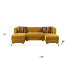 Mustard Velvet U Shaped Three Piece Sofa and Chaise Sectional With Toss Pillows