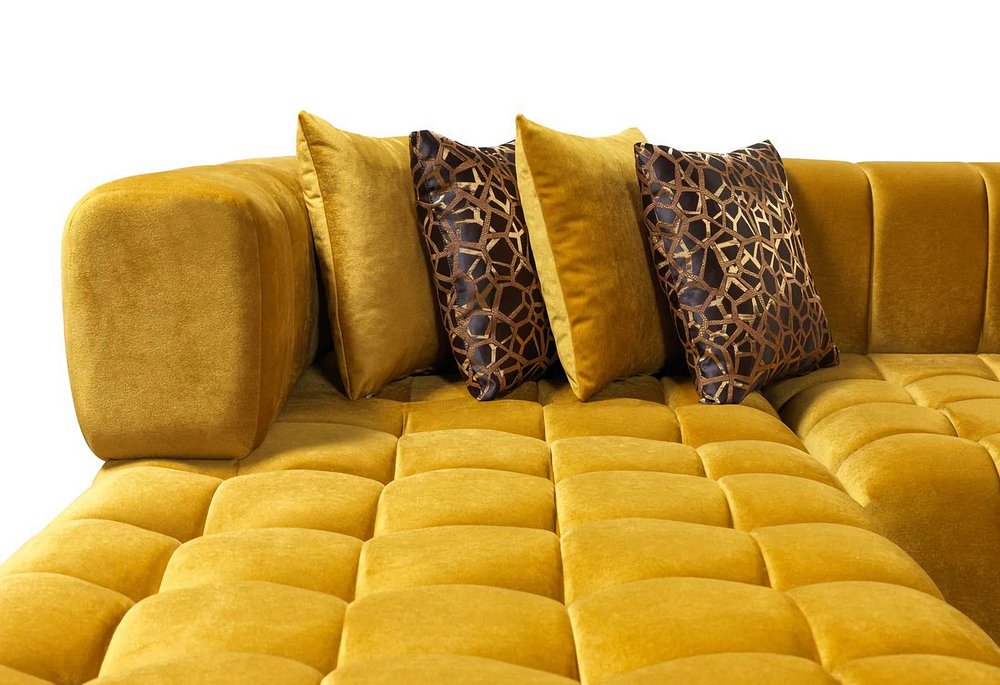 Mustard Velvet U Shaped Three Piece Sofa and Chaise Sectional With Toss Pillows
