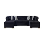 Black Velvet U Shaped Three Piece Sofa and Chaise Sectional With Toss Pillows