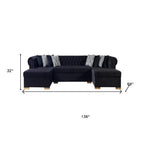 Black Velvet U Shaped Three Piece Sofa and Chaise Sectional With Toss Pillows
