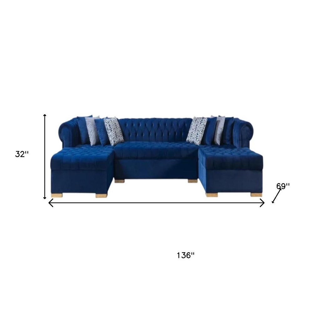 Blue Velvet U Shaped Three Piece Sofa and Chaise Sectional With Toss Pillows