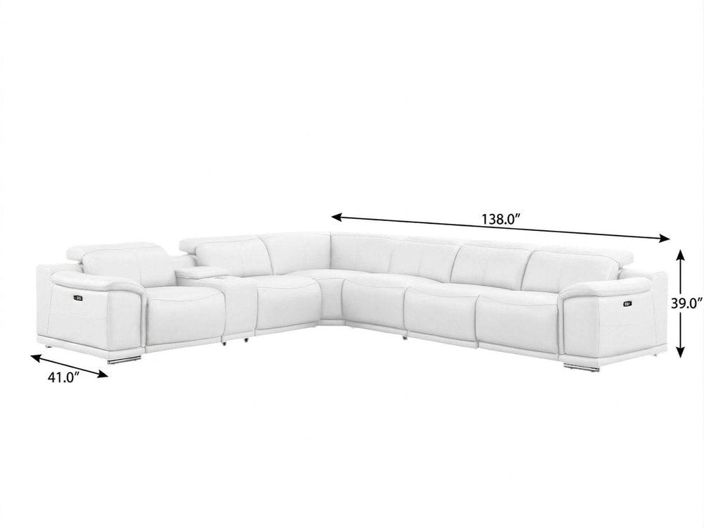 White Leather Modular L Shaped Seven Piece Corner Sectional With Console