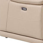 Beige Leather Power Reclining L Shaped Seven Piece Corner Sectional With Console