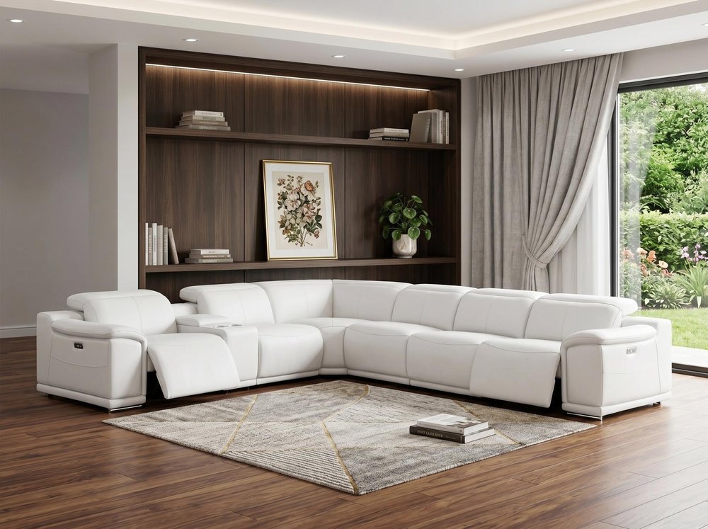 White Leather Modular L Shaped Seven Piece Corner Sectional With Console