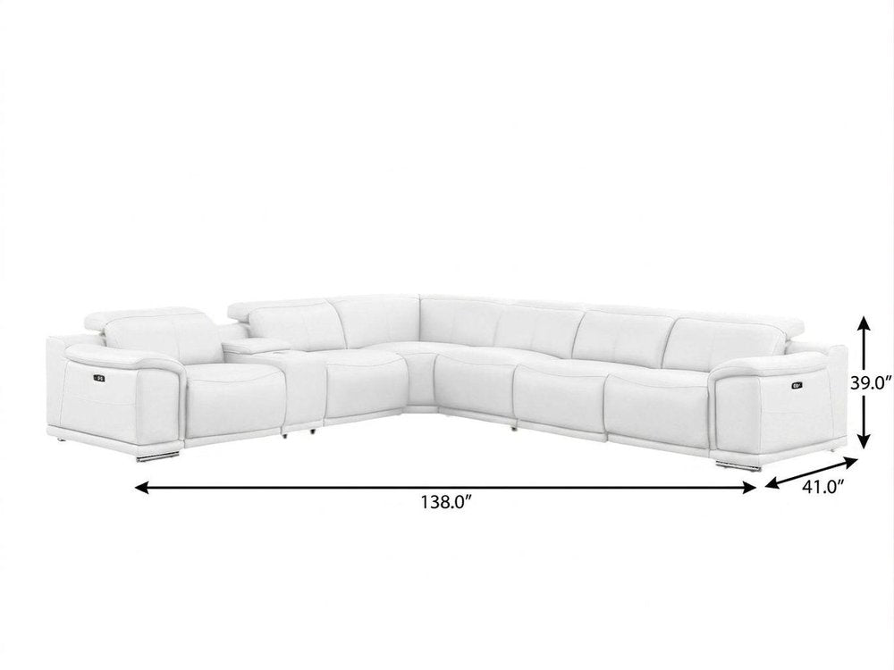 White Leather Modular L Shaped Seven Piece Corner Sectional With Console