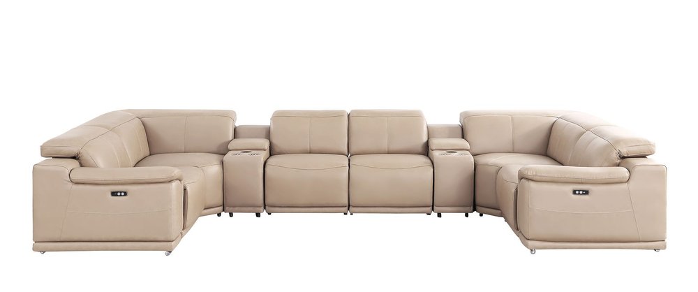 Beige Leather Power Reclining U Shaped Eight Piece Corner Sectional With Console