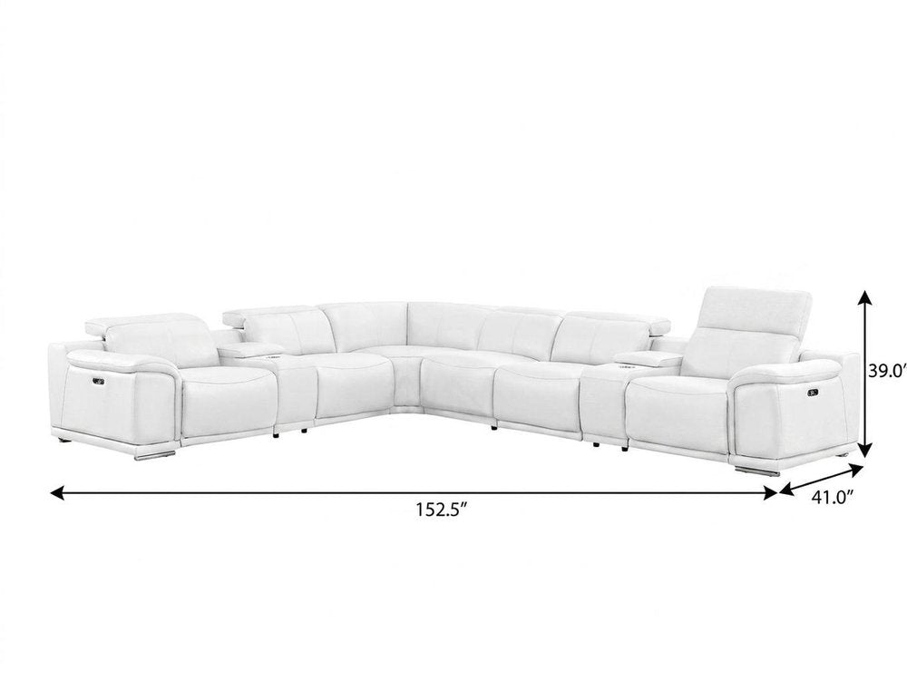 White Leather Modular L Shaped Eight Piece Corner Sectional With Console