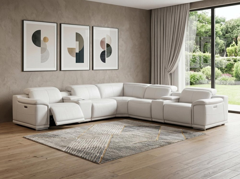 White Leather Modular L Shaped Eight Piece Corner Sectional With Console