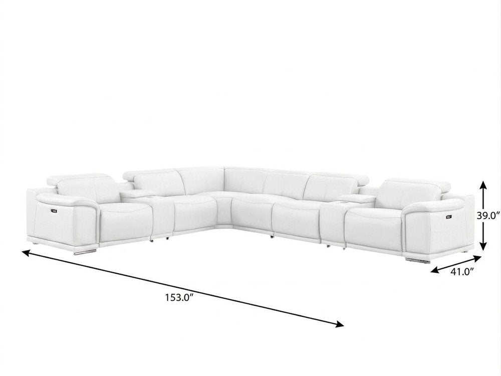 White Leather Modular L Shaped Eight Piece Corner Sectional With Console