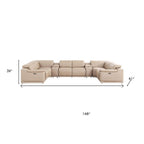 Beige Leather Power Reclining U Shaped Eight Piece Corner Sectional With Console