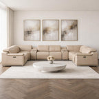 Beige Leather Power Reclining U Shaped Eight Piece Corner Sectional With Console