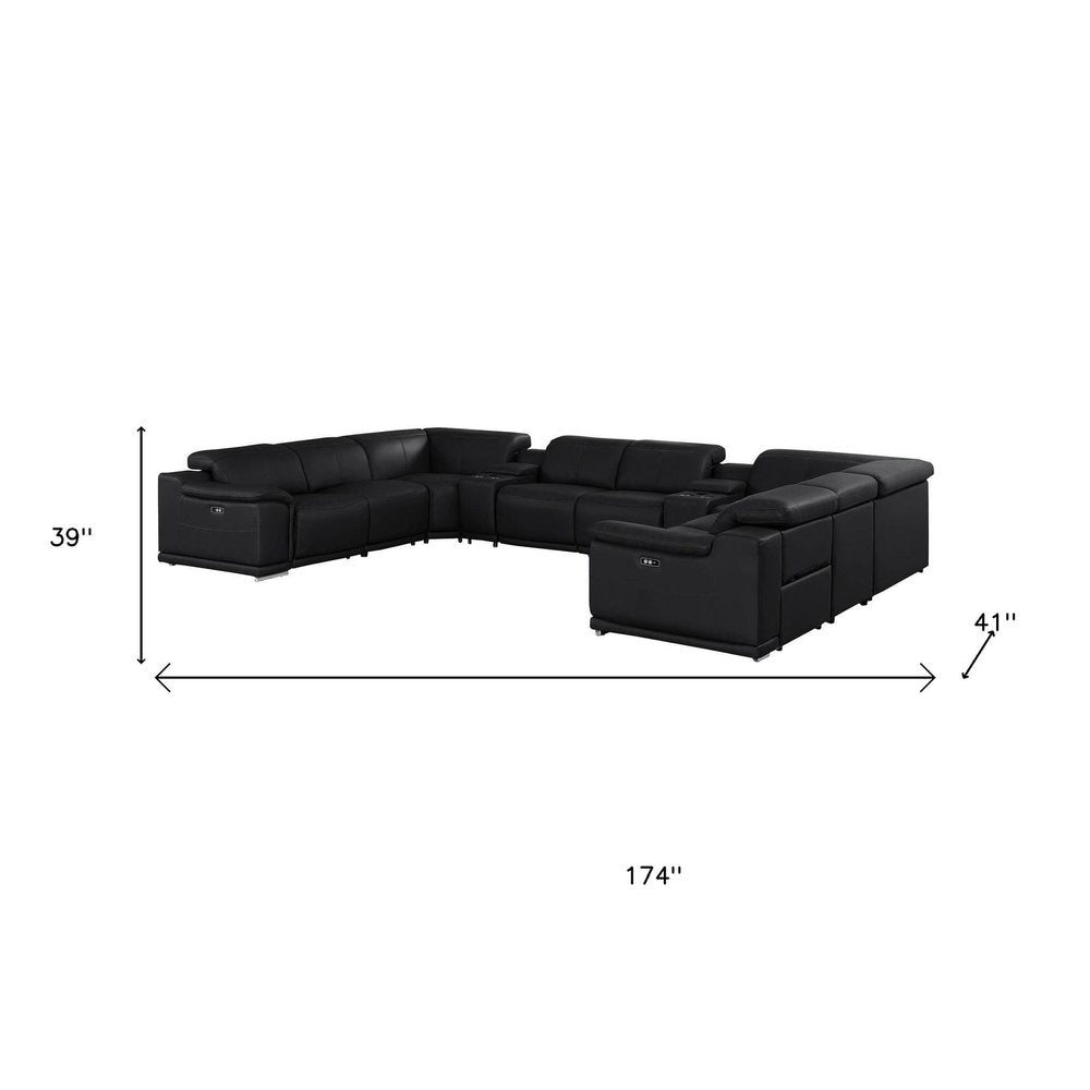 Battleship Gray Leather Power Reclining U Shaped Ten Piece Corner Sectional With Console
