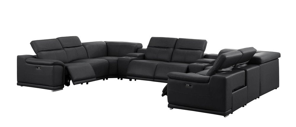 Battleship Gray Leather Power Reclining U Shaped Ten Piece Corner Sectional With Console