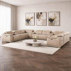 Beige Leather Power Reclining U Shaped Twelve Piece Corner Sectional With Console