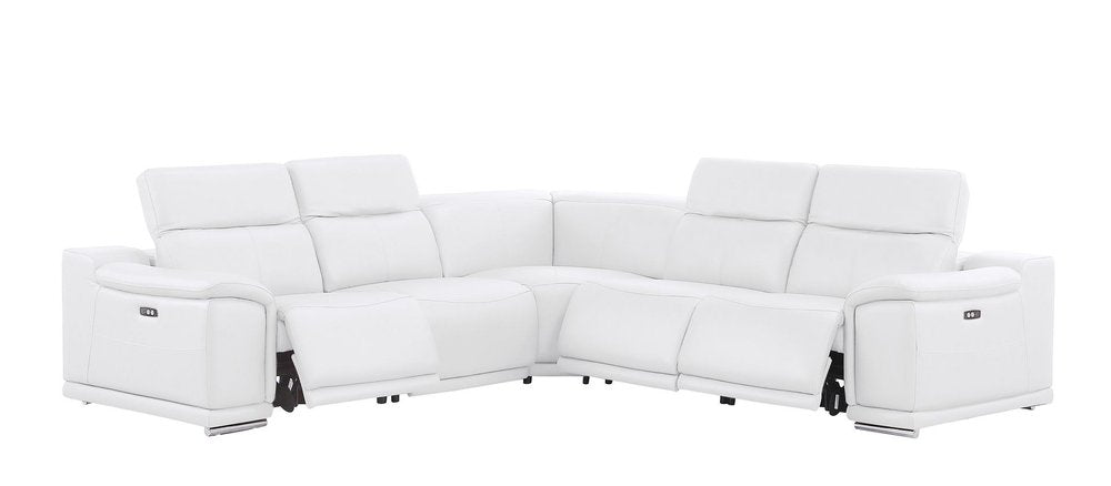 White Leather Power Reclining L Shaped Five Piece Corner Sectional