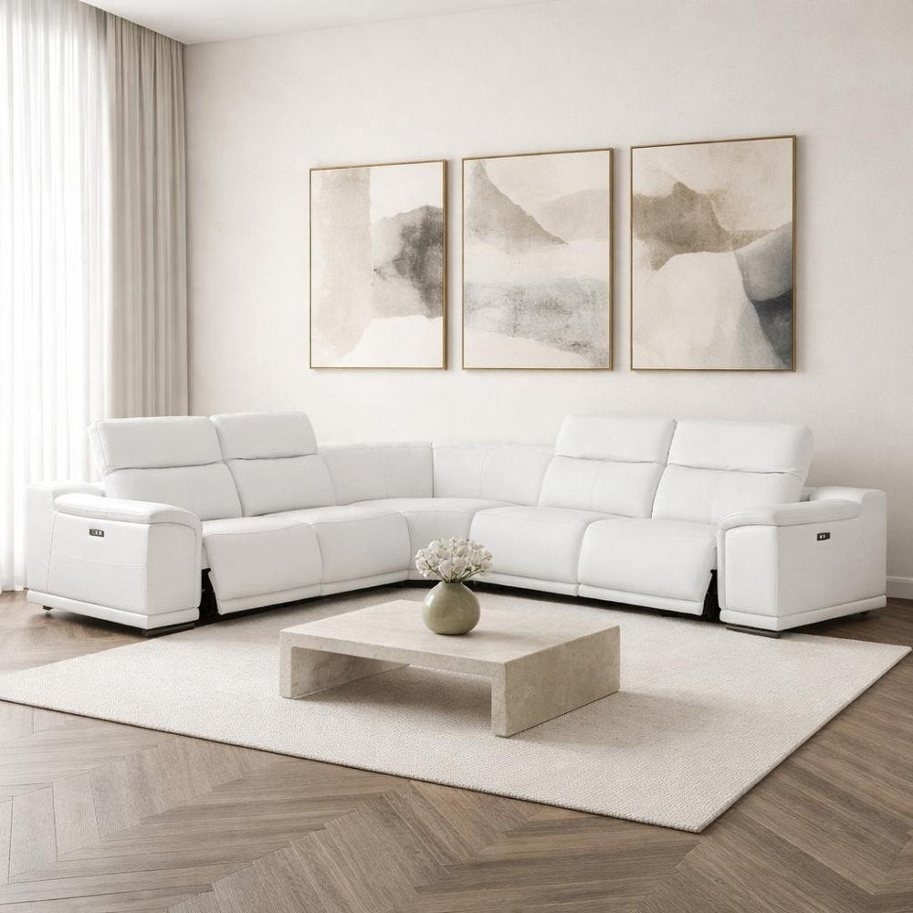 White Leather Power Reclining L Shaped Five Piece Corner Sectional