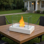 14" White And Clear Metal And Glass BioEthanol Portable Tabletop Firepit