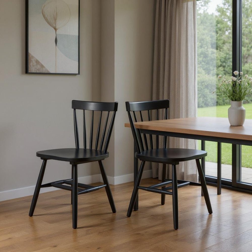 Set of Two Black Solid Wood Windsor Back Dining Side Chairs