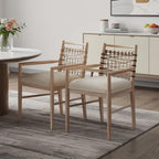 Set of Two Ivory And White Upholstered And Solid Wood Open Back Dining Arm Chairs