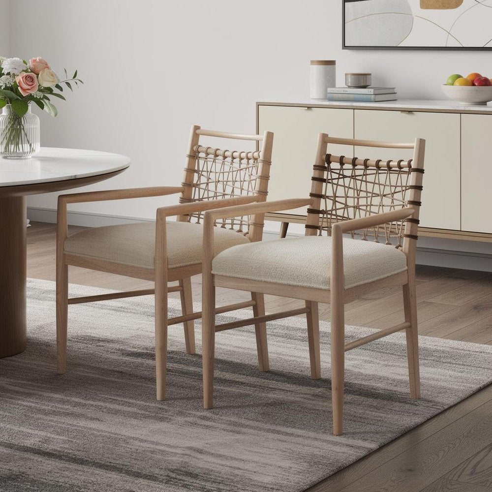 Set of Two Ivory And White Upholstered And Solid Wood Open Back Dining Arm Chairs
