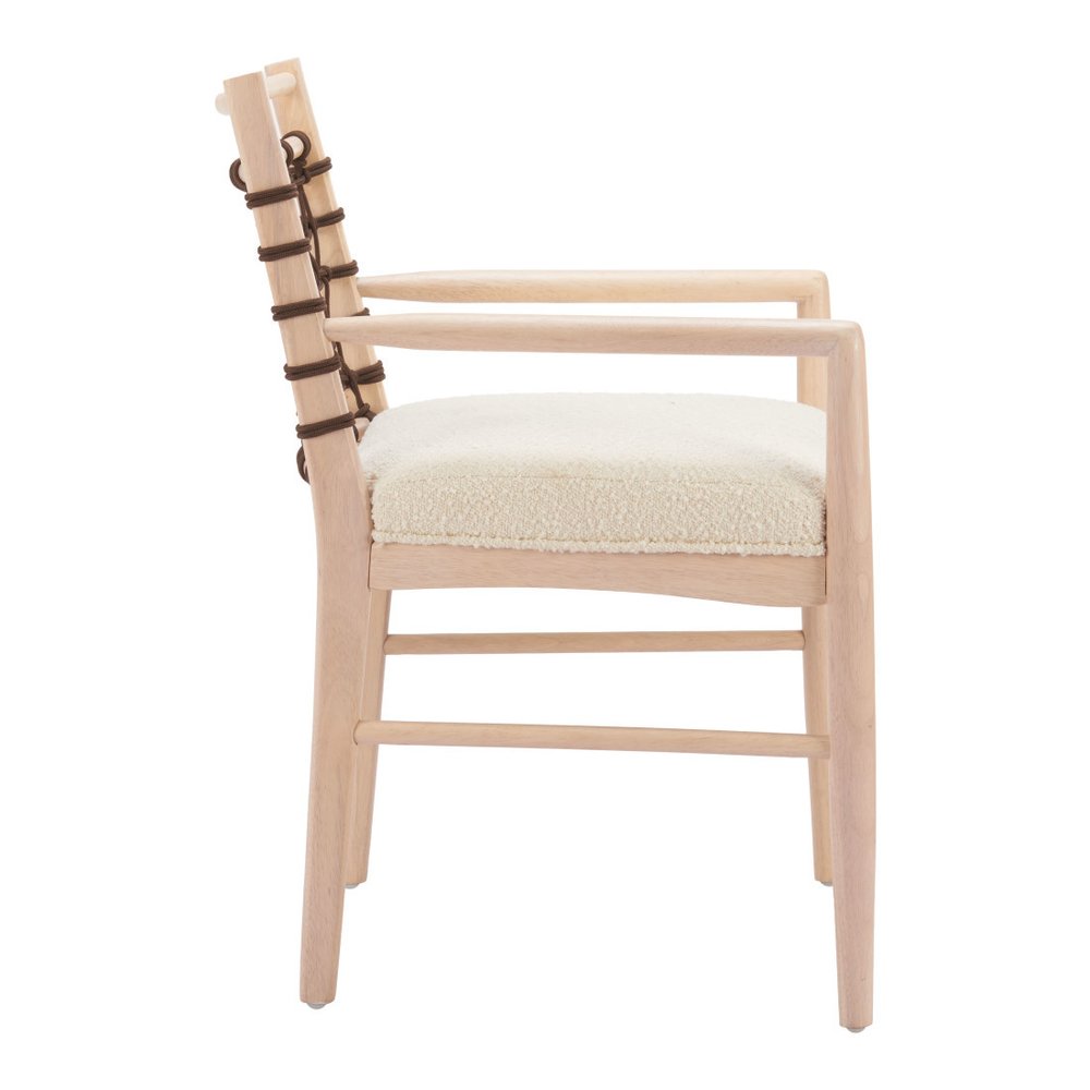 Set of Two Ivory And White Upholstered And Solid Wood Open Back Dining Arm Chairs