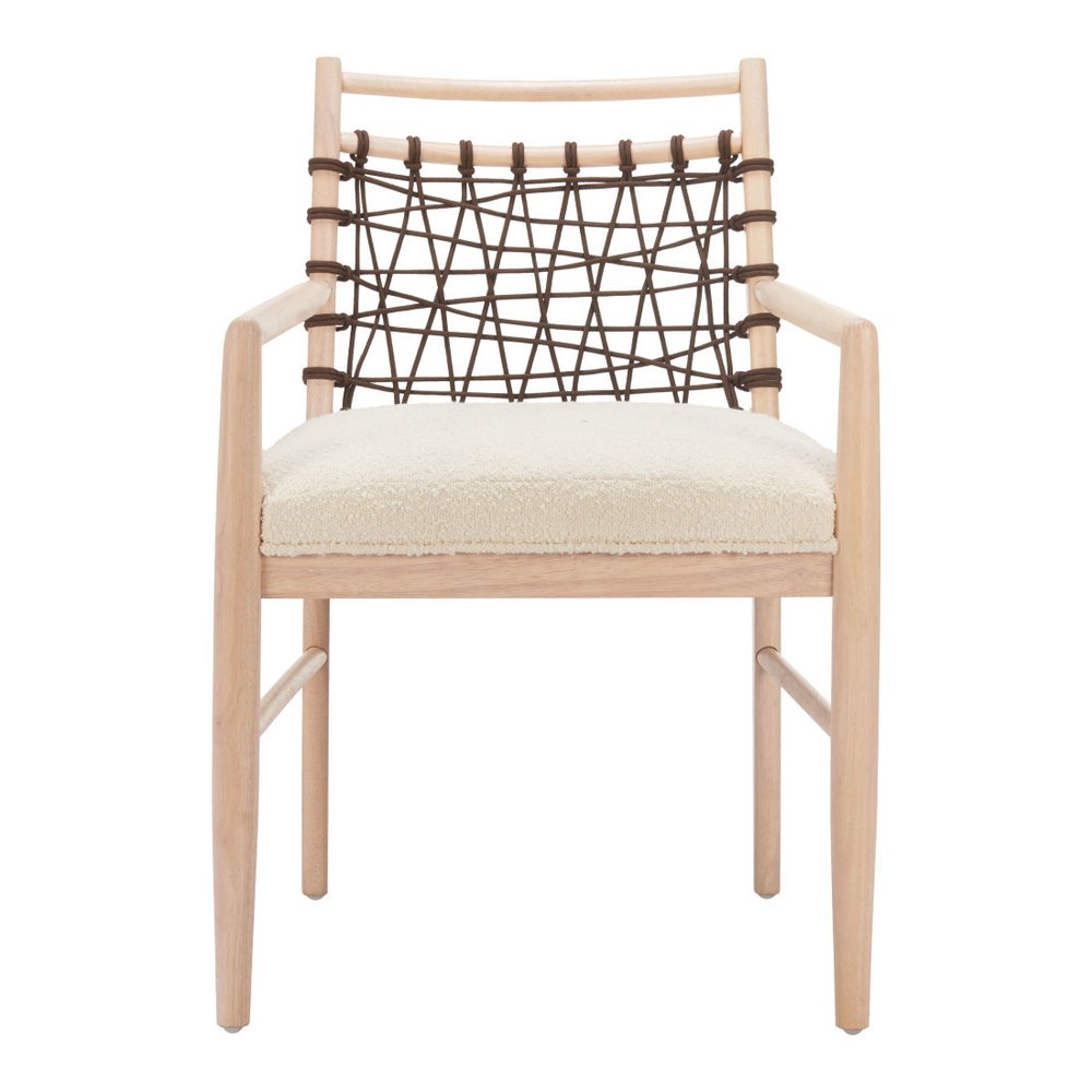 Set of Two Ivory And White Upholstered And Solid Wood Open Back Dining Arm Chairs