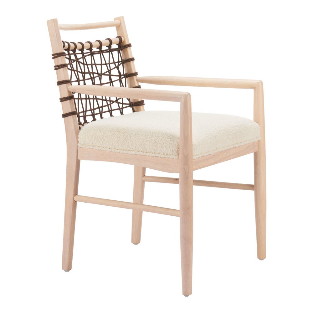 Set of Two Ivory And White Upholstered And Solid Wood Open Back Dining Arm Chairs