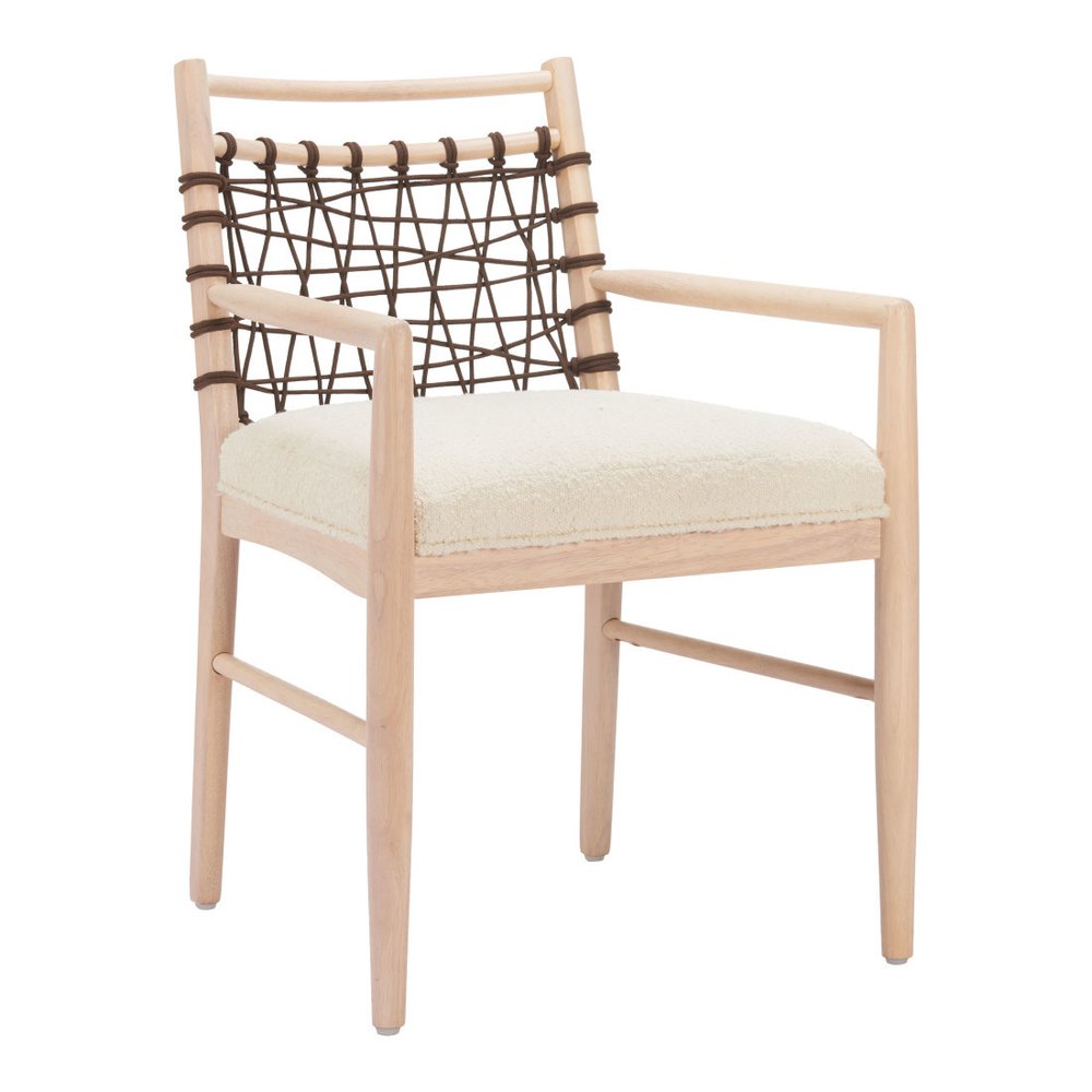 Set of Two Ivory And White Upholstered And Solid Wood Open Back Dining Arm Chairs