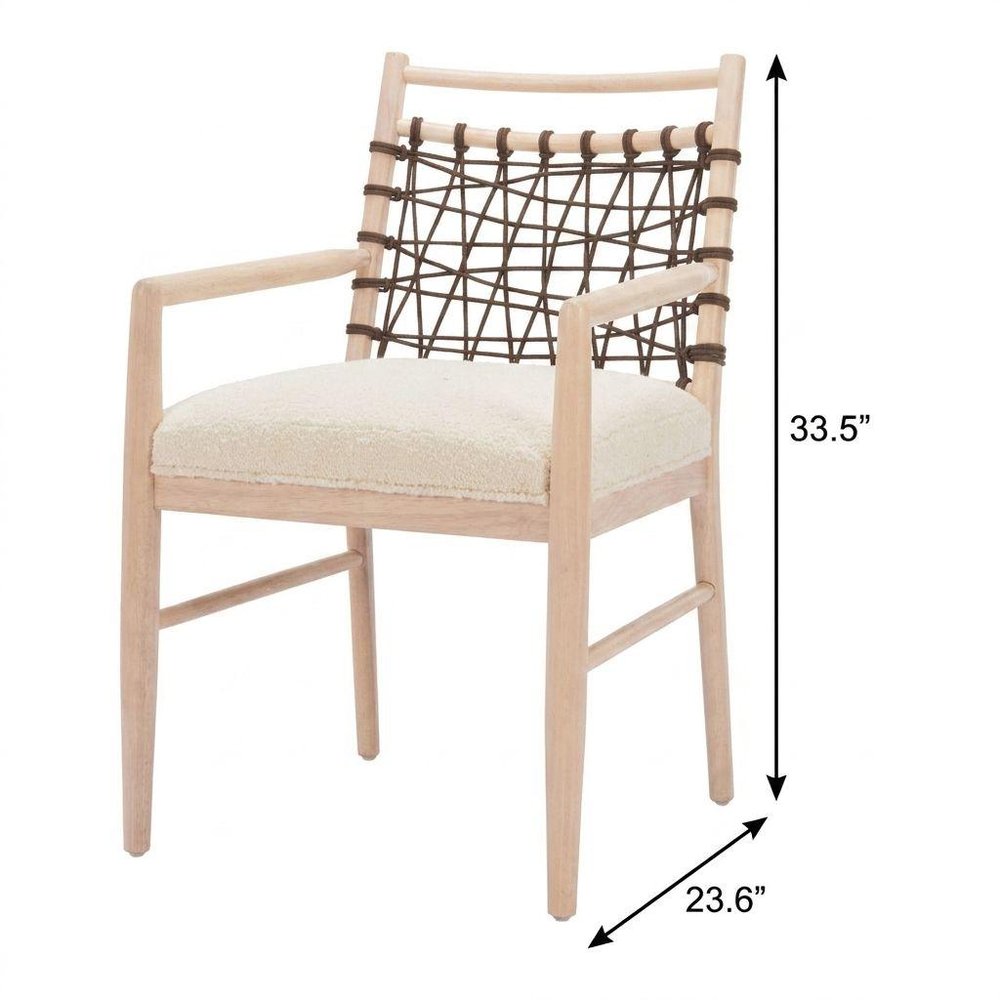 Set of Two Ivory And White Upholstered And Solid Wood Open Back Dining Arm Chairs