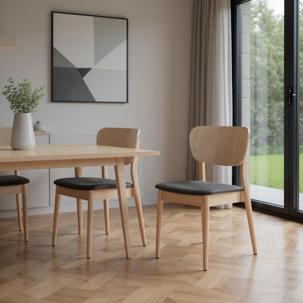Set of Two Gray And Natural Faux Linen And Wood Open Back Dining Side Chairs