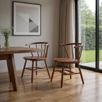 Set of Two Walnut And Brown Solid Wood Windsor Back Dining Side Chairs