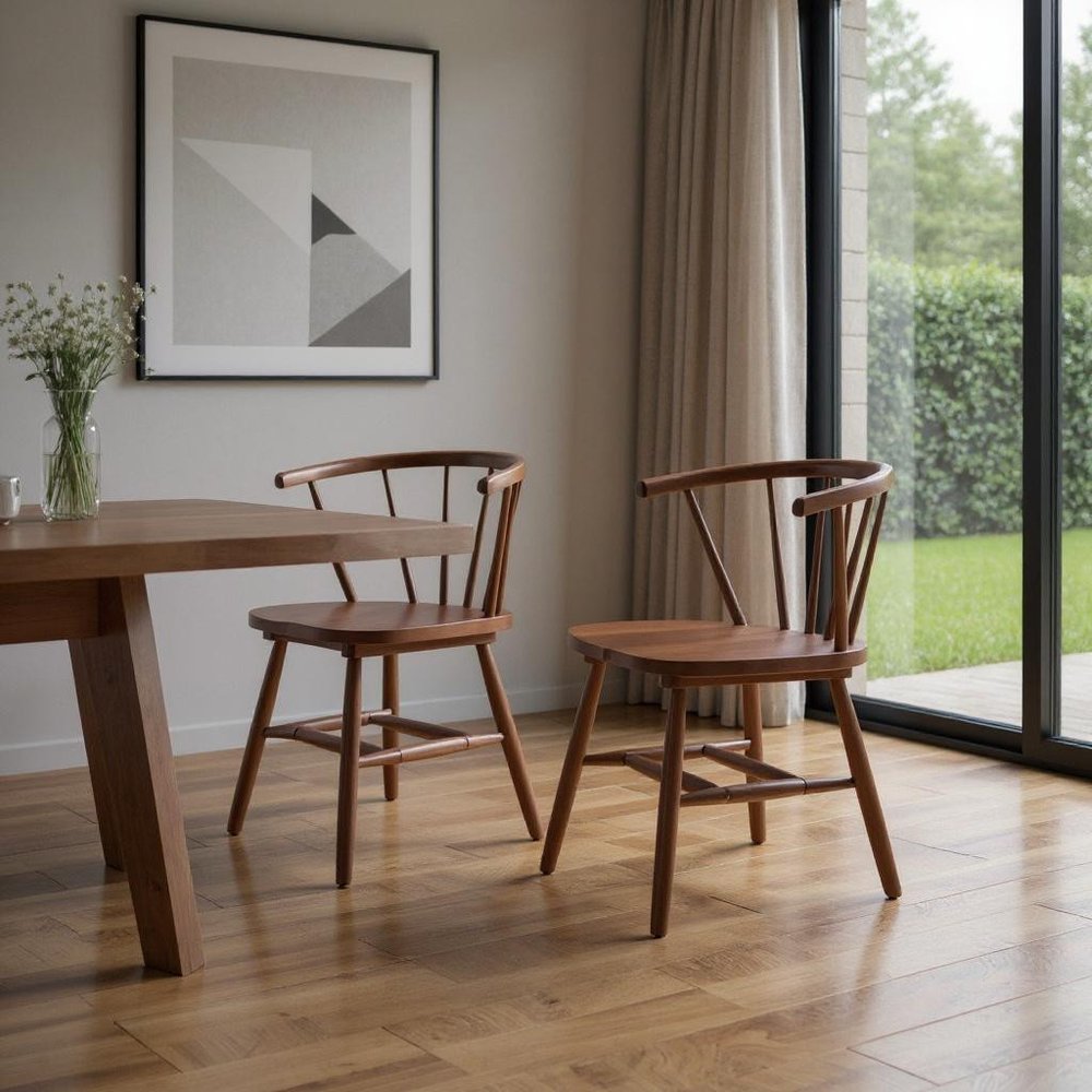 Set of Two Walnut And Brown Solid Wood Windsor Back Dining Side Chairs