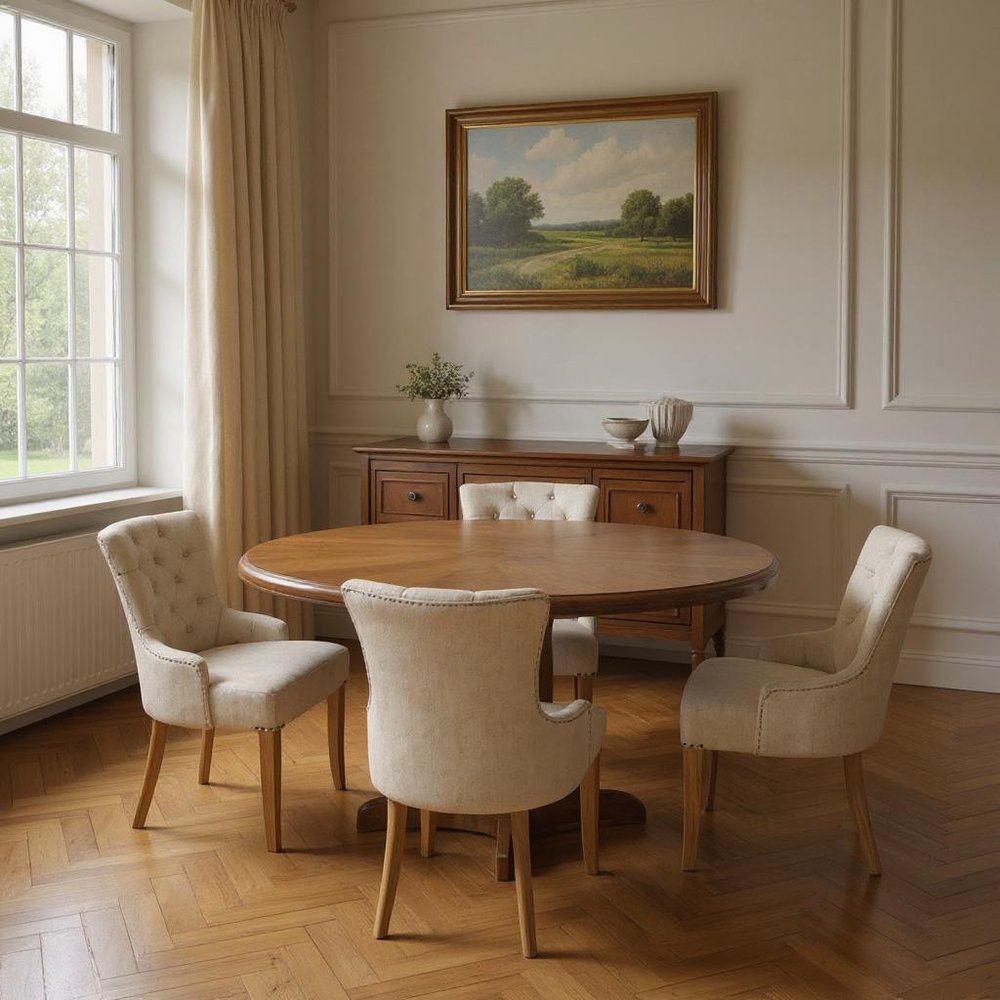 Five Piece Brown Round Solid Wood Dining Set with Four Chairs