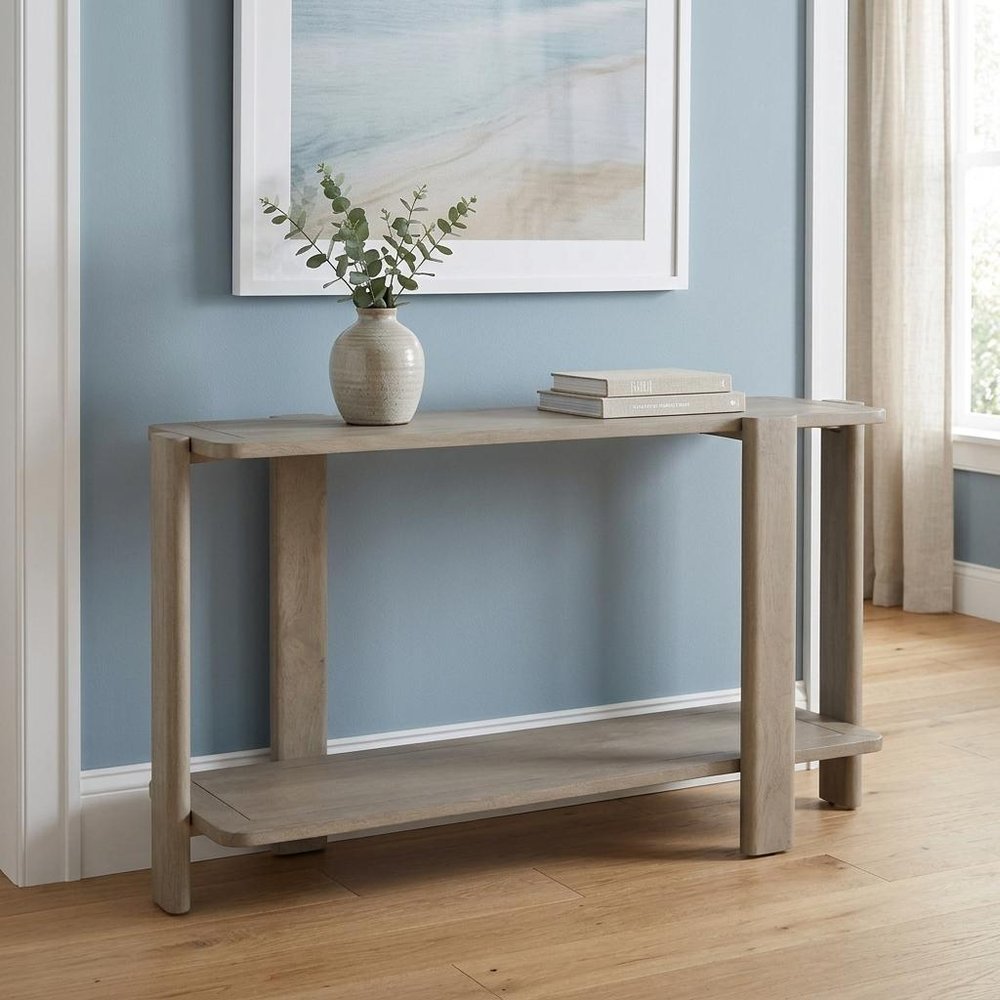 54" Natural Solid Wood Distressed Console Table With Shelf
