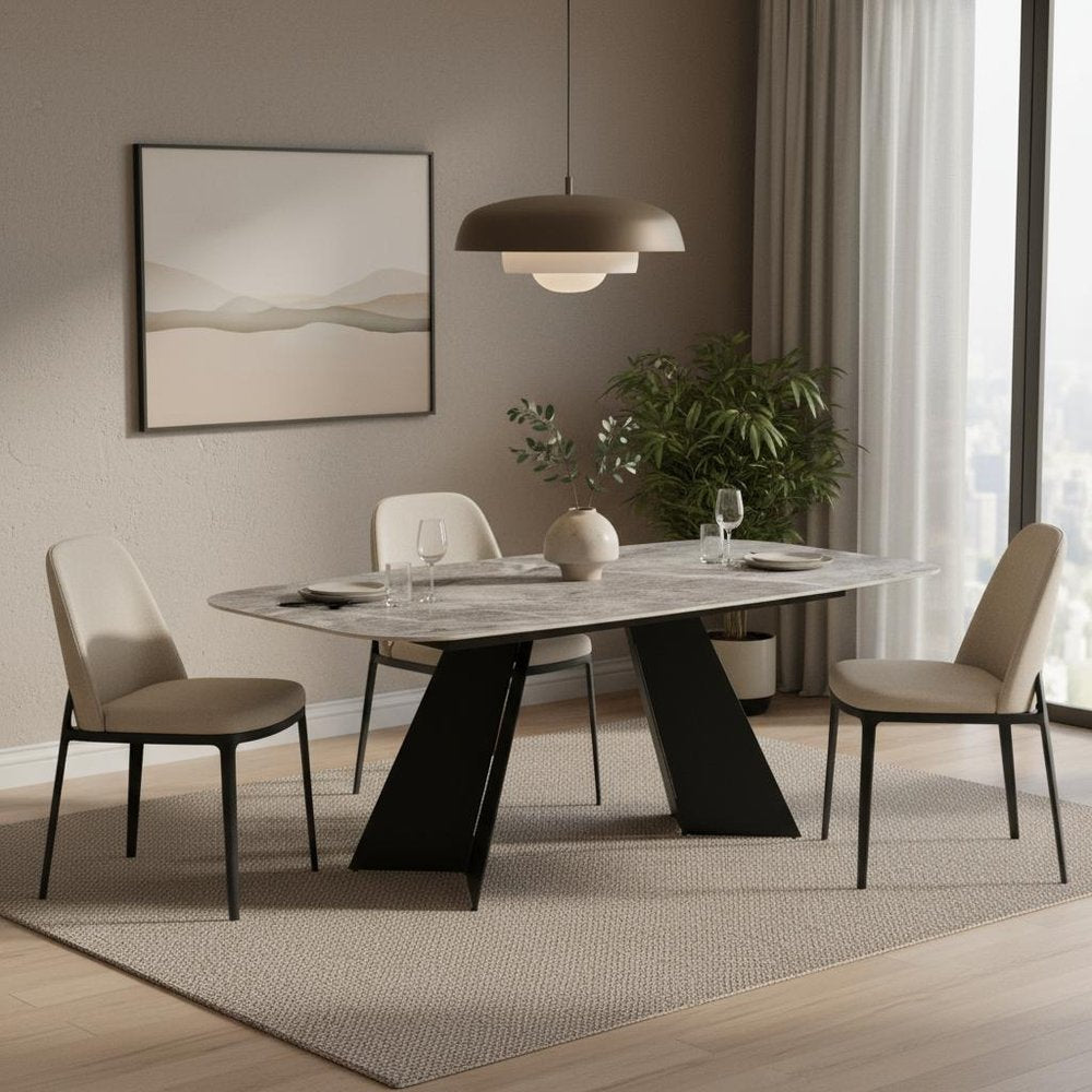 94" Gray and Black Faux Marble Ceramic and Steel Double Pedestal Base Dining Table
