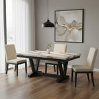 72" White and Black Faux Marble and Wood Trestle Base Dining Table