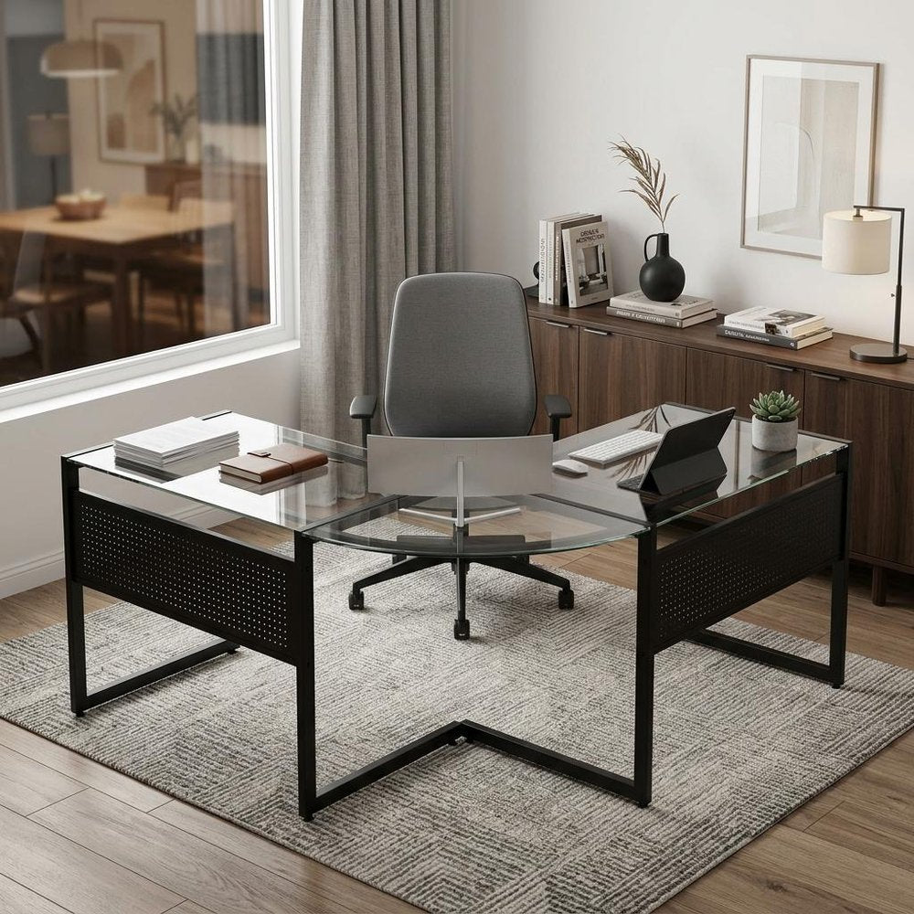 78" Clear and Black Glass and Steel Corner Computer Desk