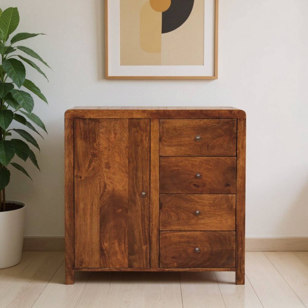 32" Brown Distressed Solid Wood Accent Cabinet With Single Door And Four Drawers