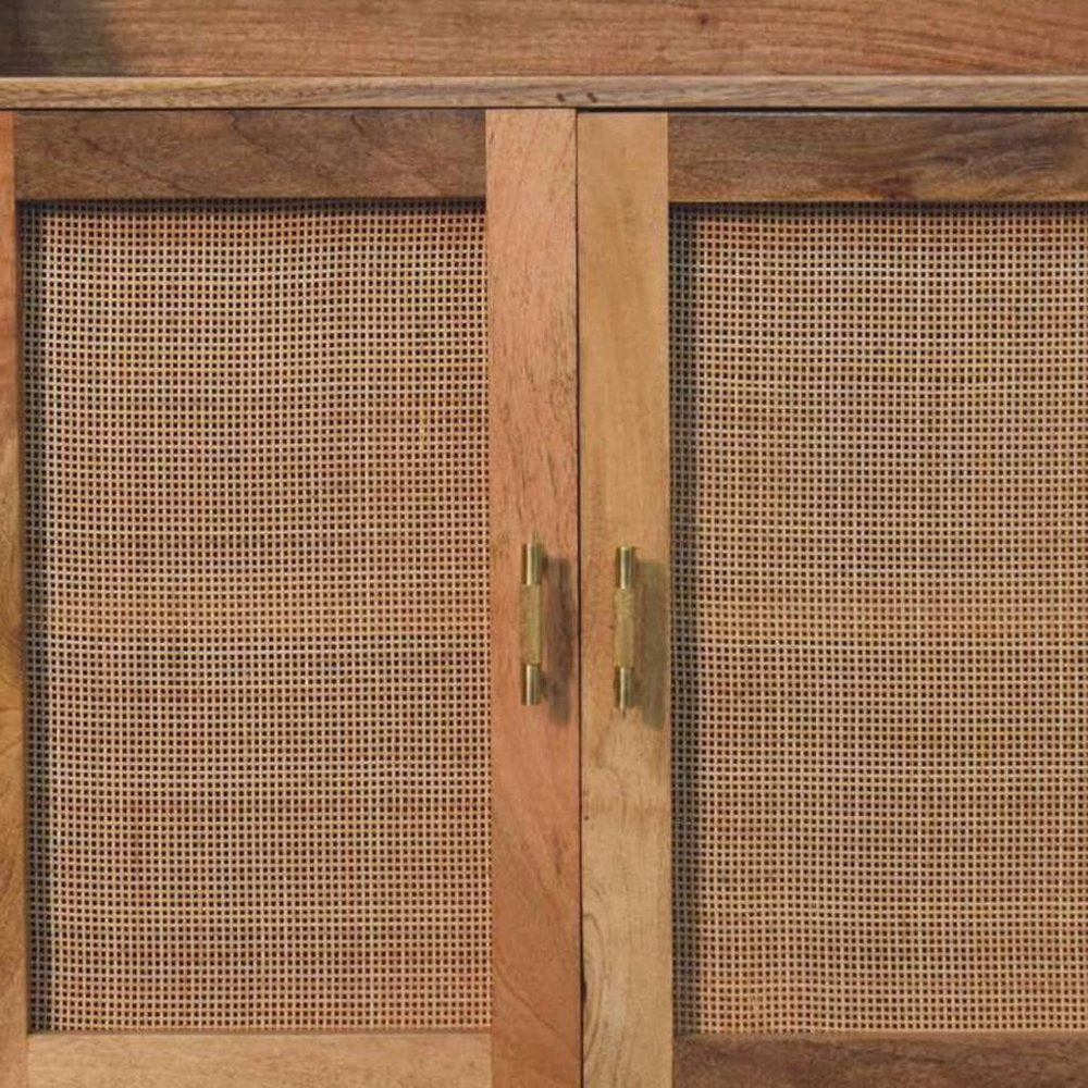 35" Brown Distressed Solid Wood Inlaid Rattan Accent Cabinet With Two Doors