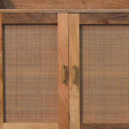 35" Brown Distressed Solid Wood Inlaid Rattan Accent Cabinet With Two Doors