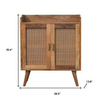 35" Brown Distressed Solid Wood Inlaid Rattan Accent Cabinet With Two Doors