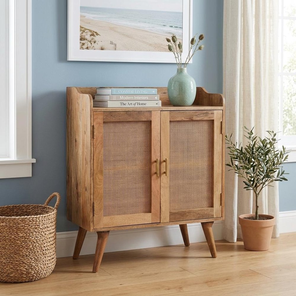 35" Brown Distressed Solid Wood Inlaid Rattan Accent Cabinet With Two Doors