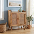 35" Brown Distressed Solid Wood Inlaid Rattan Accent Cabinet With Two Doors