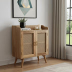 35" Brown Distressed Solid Wood Inlaid Rattan Accent Cabinet With Two Doors