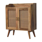 35" Brown Distressed Solid Wood Inlaid Rattan Accent Cabinet With Two Doors