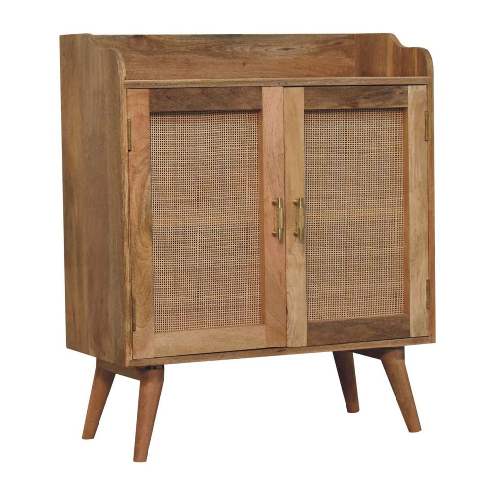 35" Brown Distressed Solid Wood Inlaid Rattan Accent Cabinet With Two Doors