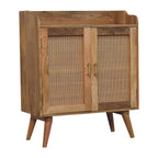35" Brown Distressed Solid Wood Inlaid Rattan Accent Cabinet With Two Doors